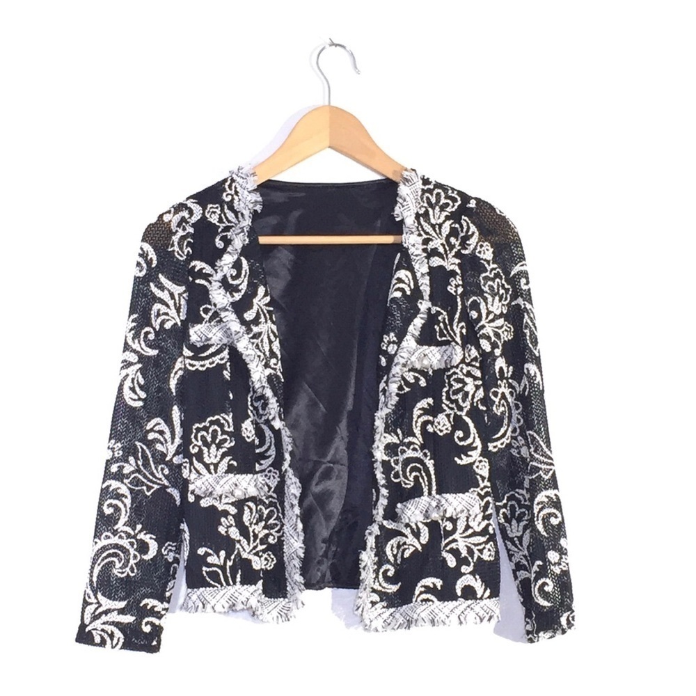 Elegant black white knit pearl cardigan sweater